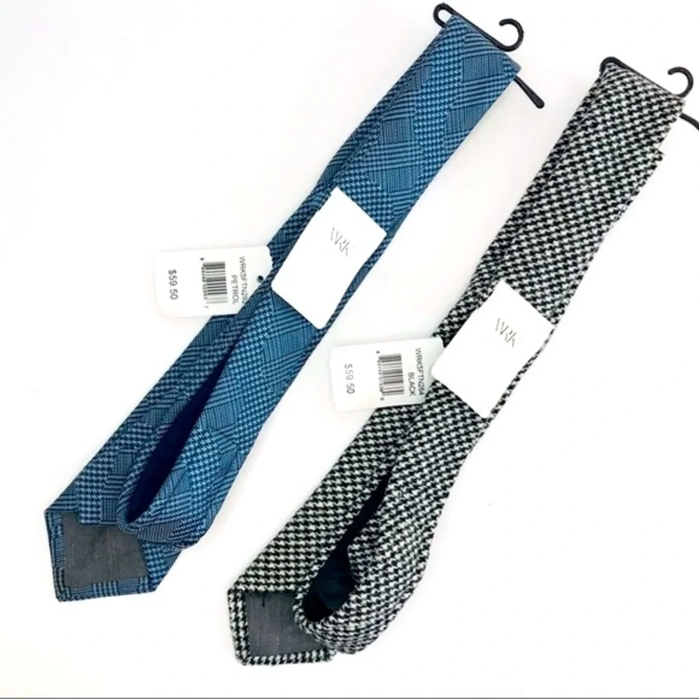 New! WRK 2 Neck Tie Bundle Silk Wool Blue Black White Houndstooth Plaid